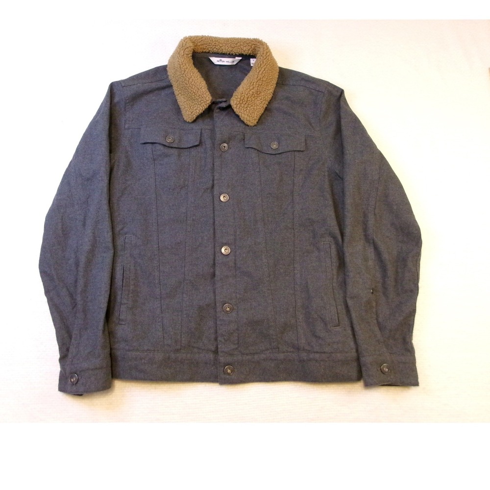 Peter Millar Mountainside Flannel Trucker Jacket Gray Sherpa Collar Men's Medium